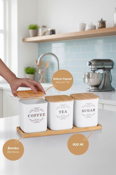 Okyanus Home 3'lü Çay Kahve Şeker Kutusu Bambu Tepsili- 900ML
