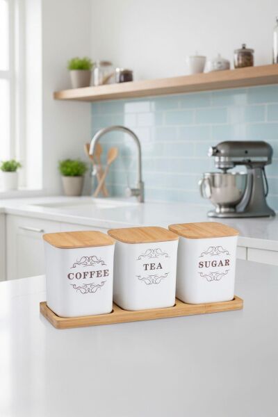 Okyanus Home 3'lü Çay Kahve Şeker Kutusu Bambu Tepsili- 900ML