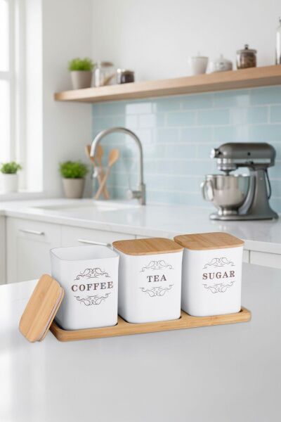 Okyanus Home 3'lü Çay Kahve Şeker Kutusu Bambu Tepsili- 900ML