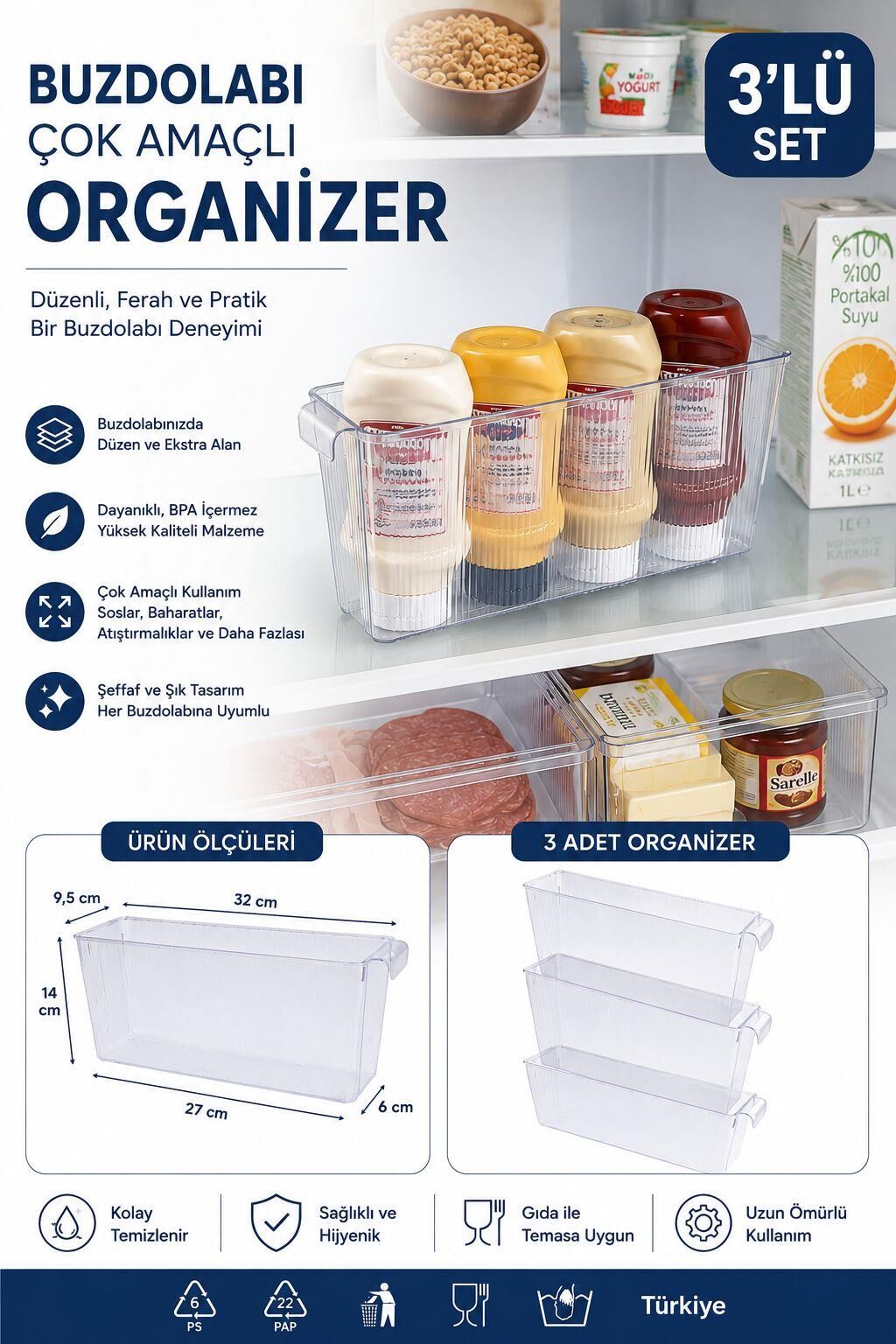 Okyanus Home 3 Adet Kapaksız Mini Buzdolabı Organizeri ve Saklama Kabı NO:3 2750ML