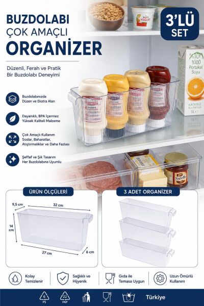 Okyanus Home 3 Adet Kapaksız Mini Buzdolabı Organizeri ve Saklama Kabı NO:3 2750ML