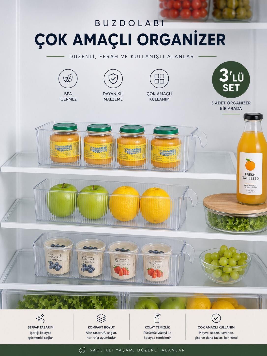 Okyanus Home 3 Adet Kapaksız Mini Buzdolabı Organizeri ve Saklama Kabı NO:1 1250ML