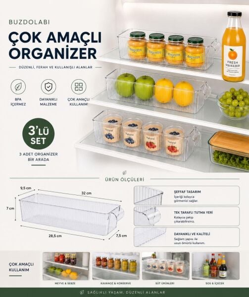 Okyanus Home 3 Adet Kapaksız Mini Buzdolabı Organizeri ve Saklama Kabı NO:1 1250ML