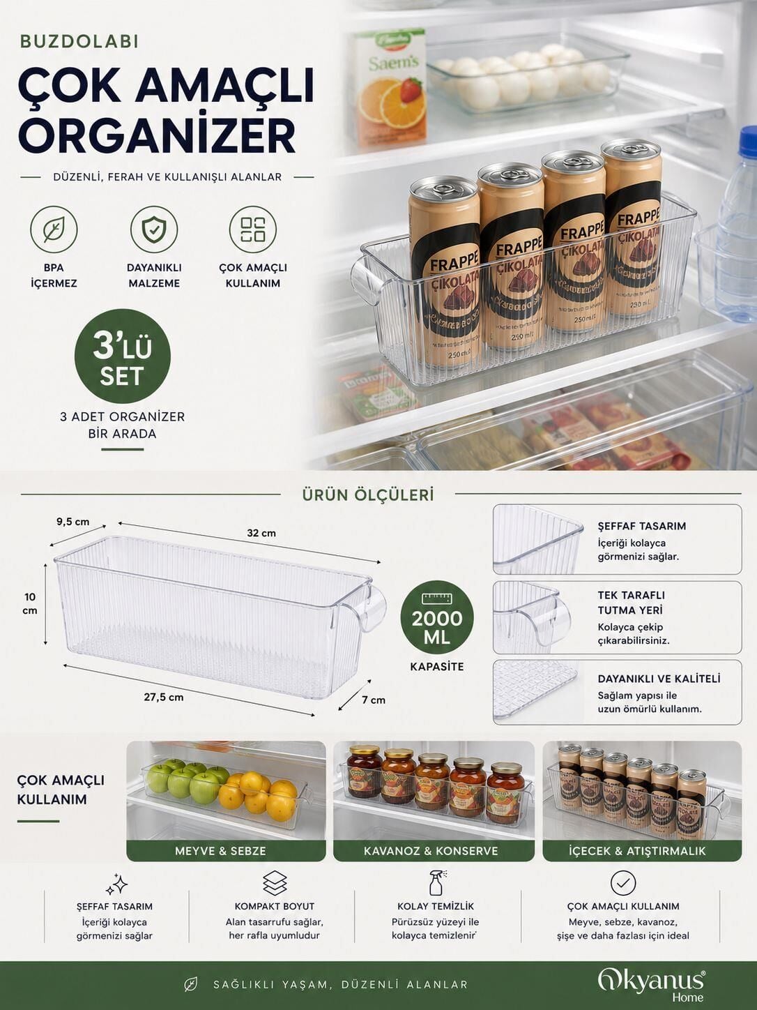 Okyanus Home 3 Adet Kapaksız Mini Buzdolabı Organizeri ve Saklama Kabı NO:2 2000ML