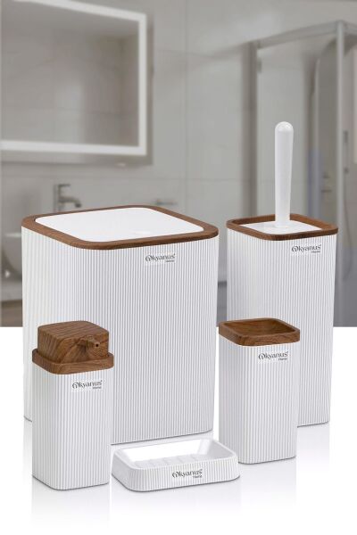 Okyanus Home Stella Beyaz Ahşap Desenli Çizgili 5'li Banyo Seti