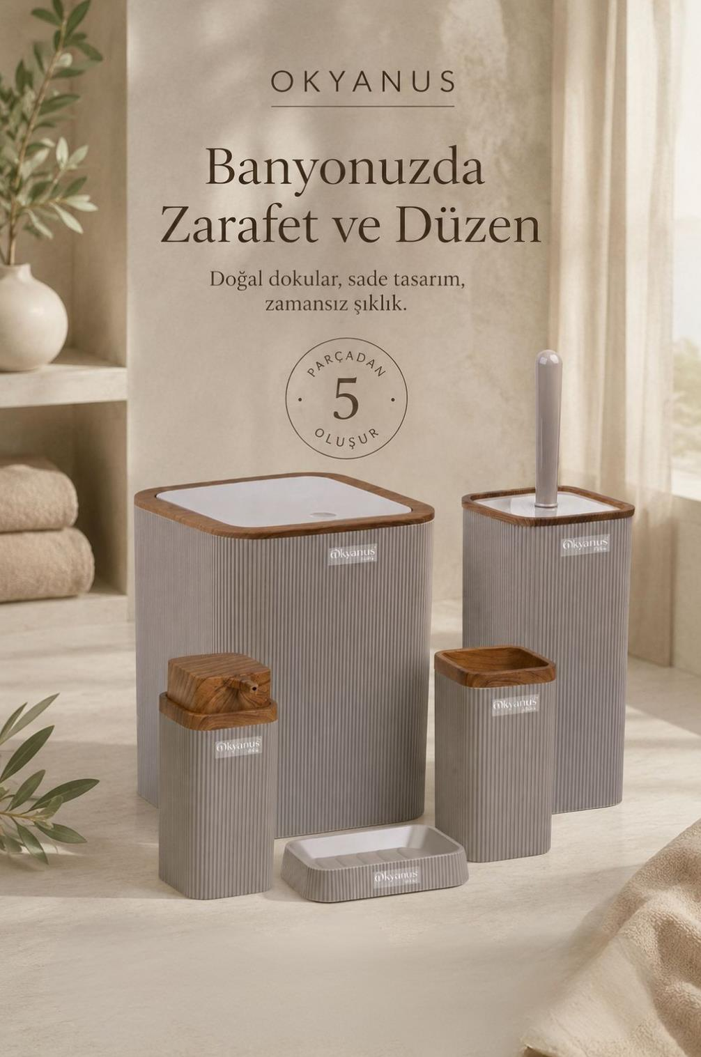 Okyanus Home Stella Vizon Ahşap Desenli Çizgili 5'li Banyo Seti