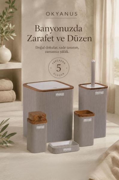 Okyanus Home Stella Vizon Ahşap Desenli Çizgili 5'li Banyo Seti