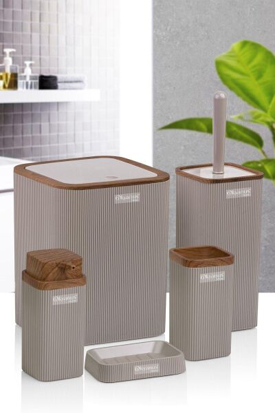Okyanus Home Stella Vizon Ahşap Desenli Çizgili 5'li Banyo Seti