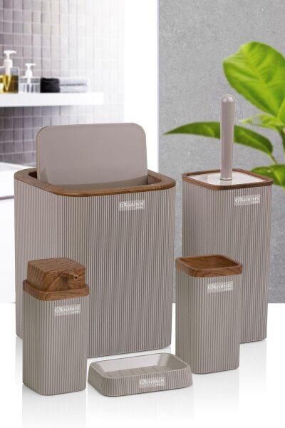 Okyanus Home Stella Vizon Ahşap Desenli Çizgili 5'li Banyo Seti