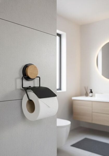 Okyanus Home Ahşap Desenli Magic Fix Sihirli Yapışkan Siyah Kapaklı Tuvalet Kağıtlık MGS-712W