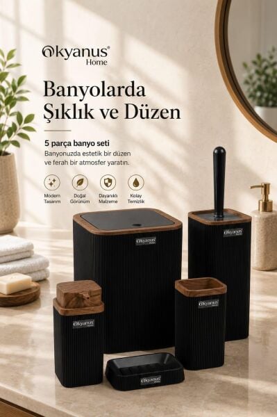 Okyanus Home Stella Siyah Ahşap Desenli Çizgili 5'li Banyo Seti
