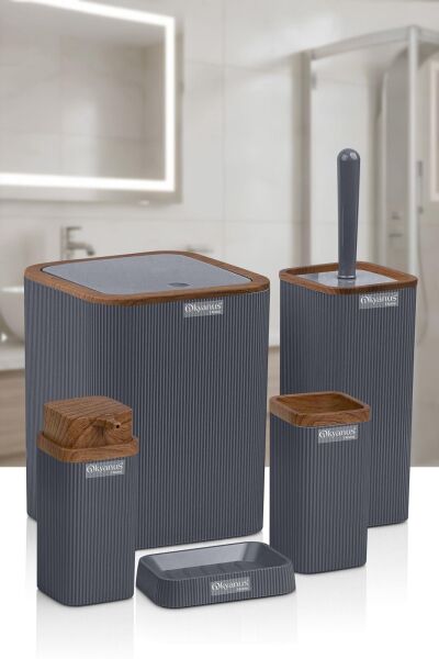 Okyanus Home Stella Antrasit Ahşap Desenli Çizgili 5'li Banyo Seti