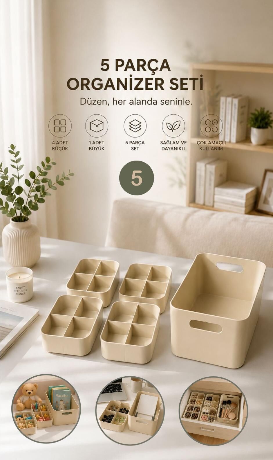 Okyanus Home  5 Parçalı Çok Amaçlı Bölmeli Organizer Seti - Bej