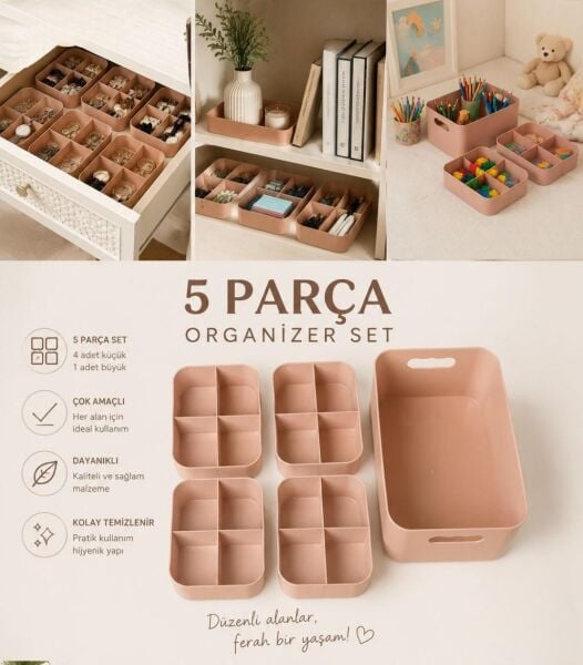 Okyanus Home  5 Parçalı Çok Amaçlı Bölmeli Organizer Seti - Pembe