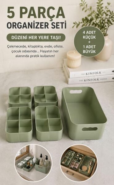 Okyanus Home  5 Parçalı Çok Amaçlı Bölmeli Organizer Seti - Yeşil