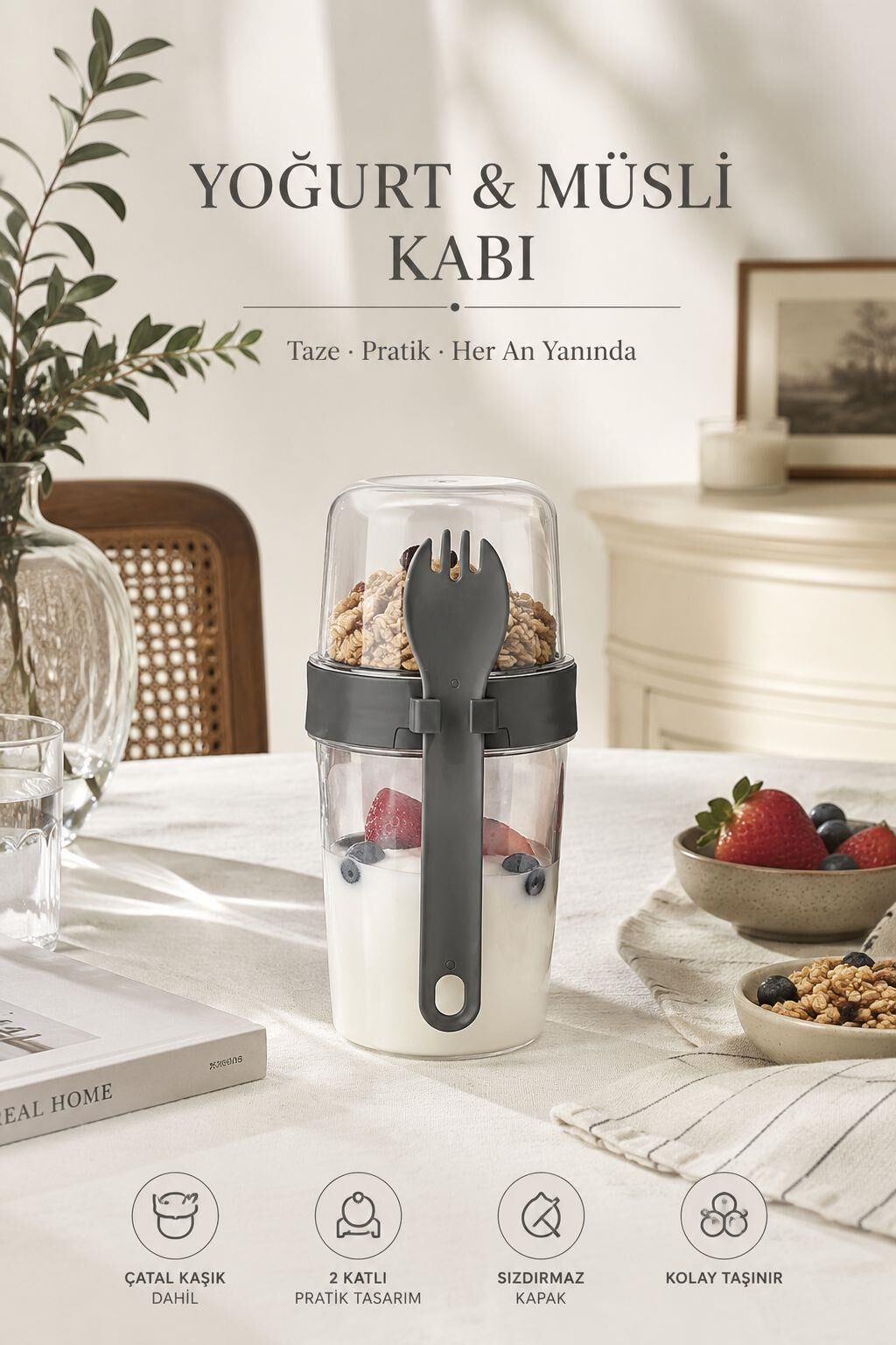 Okyanus Home Çift Hazneli Kaşıklı Yoğurt ,Yulaf, Müsli Kabı Antrasit (800ml)