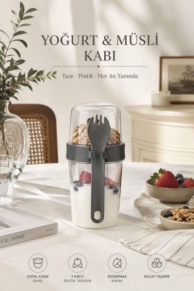 Okyanus Home Çift Hazneli Kaşıklı Yoğurt ,Yulaf, Müsli Kabı Antrasit (800ml)