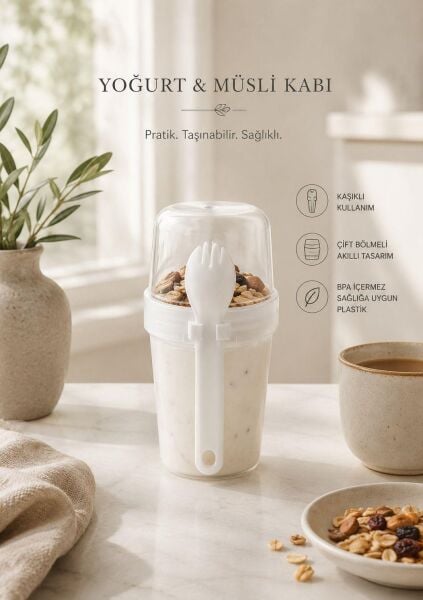 Okyanus Home Çift Hazneli Kaşıklı Yoğurt ,Yulaf, Müsli Kabı Beyaz (800ml)