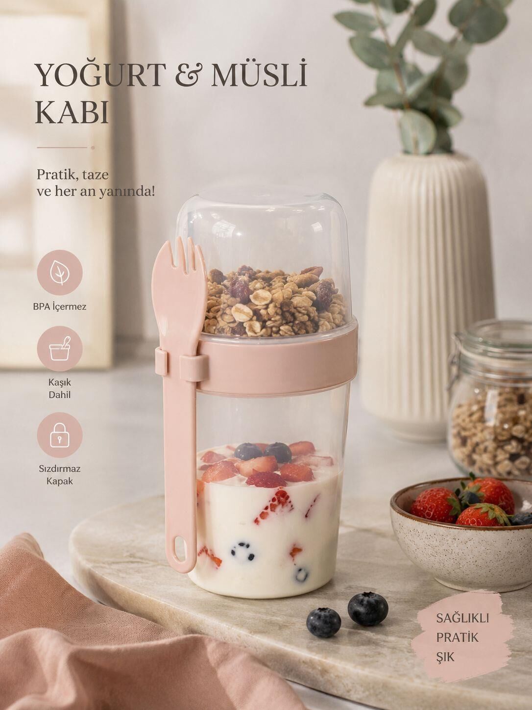 Okyanus Home Çift Hazneli Kaşıklı Yoğurt ,Yulaf, Müsli Kabı Pembe (800ml)