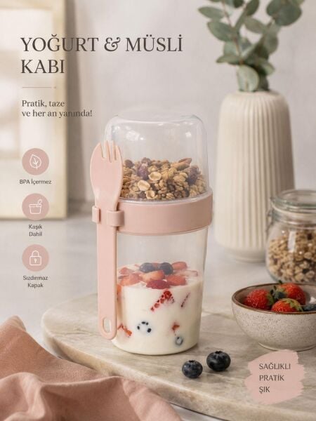 Okyanus Home Çift Hazneli Kaşıklı Yoğurt ,Yulaf, Müsli Kabı Pembe (800ml)
