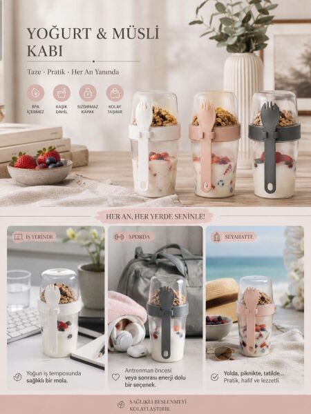 Okyanus Home Çift Hazneli Kaşıklı Yoğurt ,Yulaf, Müsli Kabı Pembe (800ml)