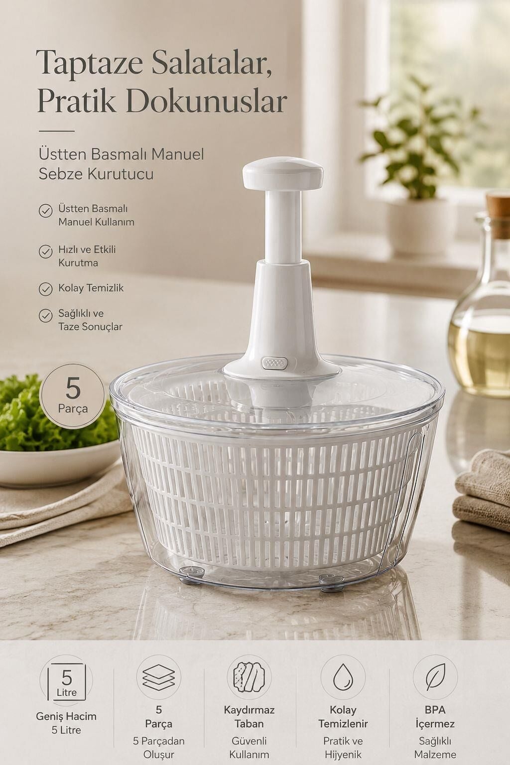 Okyanus Home Manuel Sebze , Salata Kurutucu -Beyaz - 5LT