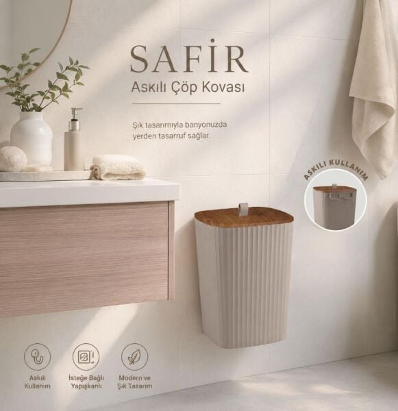 Okyanus Home Safir Yapışkanlı Asılabilir Çöp Kovası Ahşap Detaylı Vizon