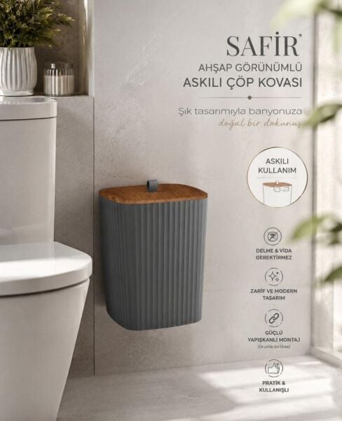 Okyanus Home Safir Yapışkanlı Asılabilir Çöp Kovası Ahşap Detaylı Antrasit