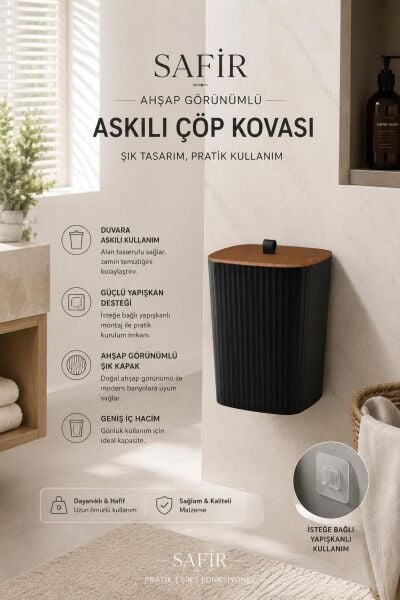 Okyanus Home Safir Yapışkanlı Asılabilir Çöp Kovası Ahşap Detaylı Siyah