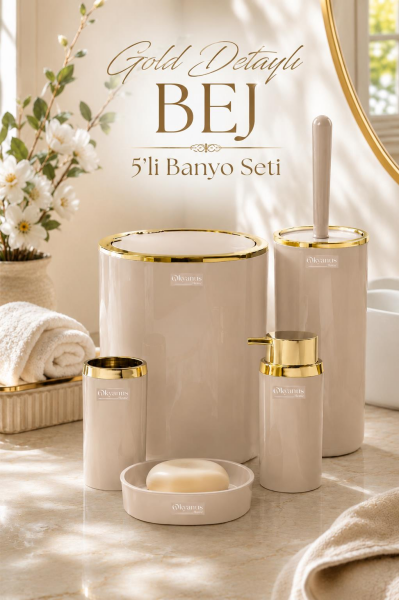 Okyanus Home Bej Rengi Gold Detaylı Yuvarlak 5'li Banyo Seti