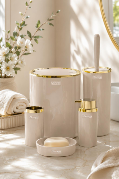 Okyanus Home Bej Rengi Gold Detaylı Yuvarlak 5'li Banyo Seti