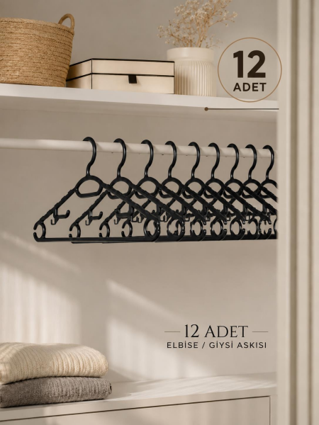 Okyanus Home 12'li Siyah Lüx Elbise ve Kıyafet Askısı
