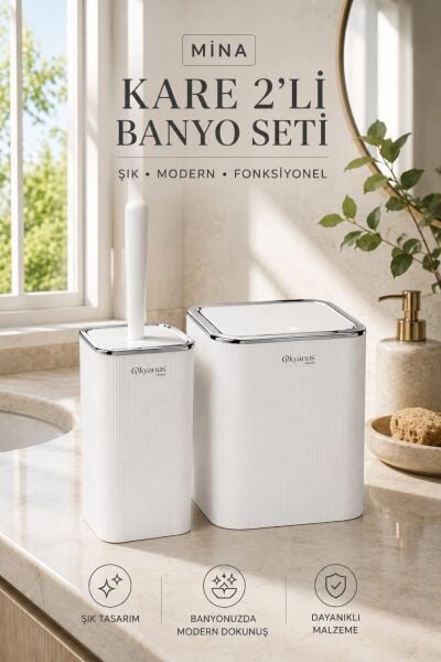 Okyanus Home Mina Beyaz - Krom Kare 2'li Banyo Seti