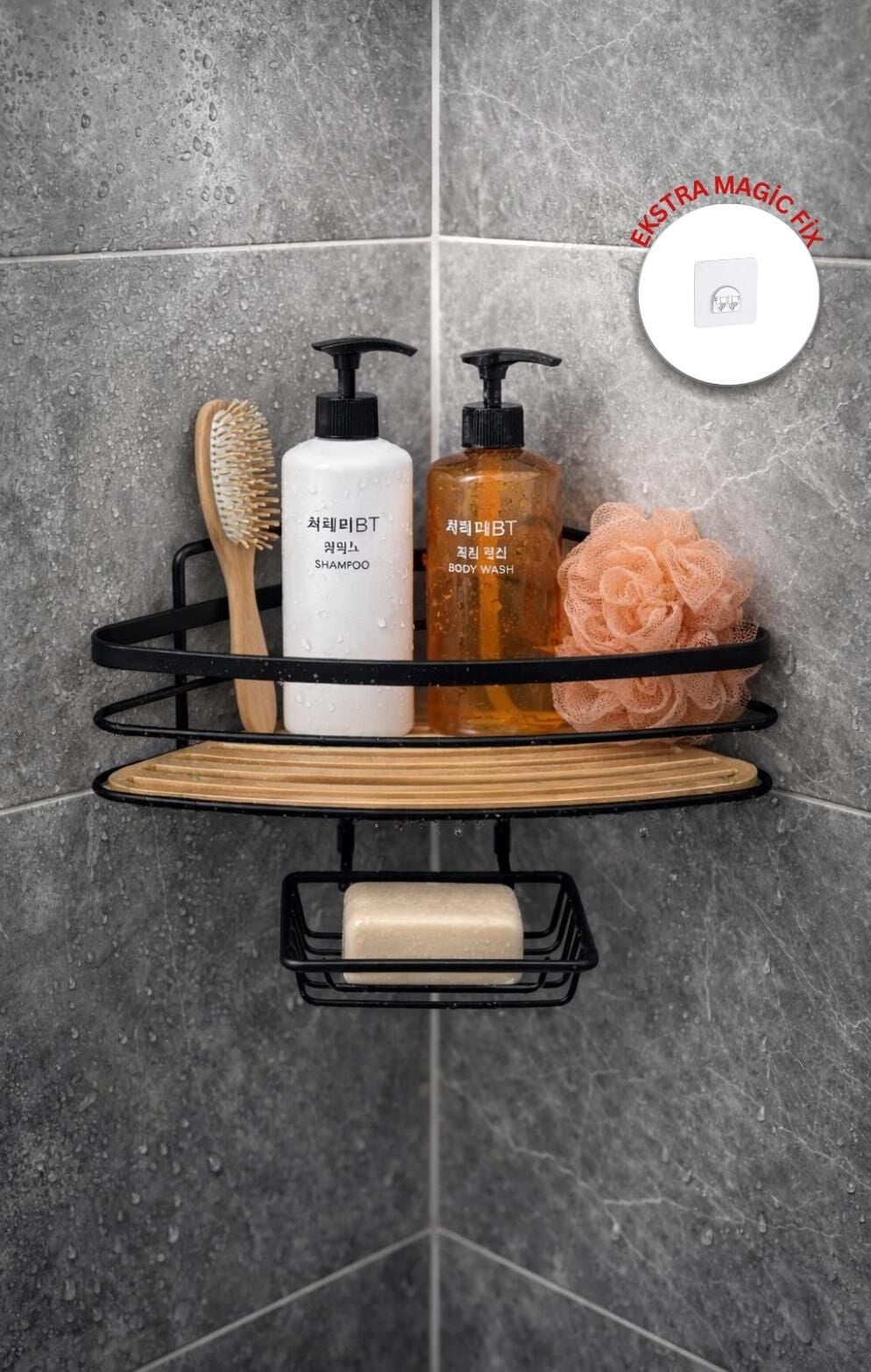 Okyanus Home Siyah Due Tek Katlı Üçgen Şampuanlık & Sabunluk 21 cm