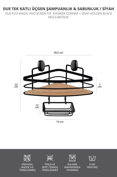 Okyanus Home Siyah Due Tek Katlı Üçgen Şampuanlık & Sabunluk 21 cm