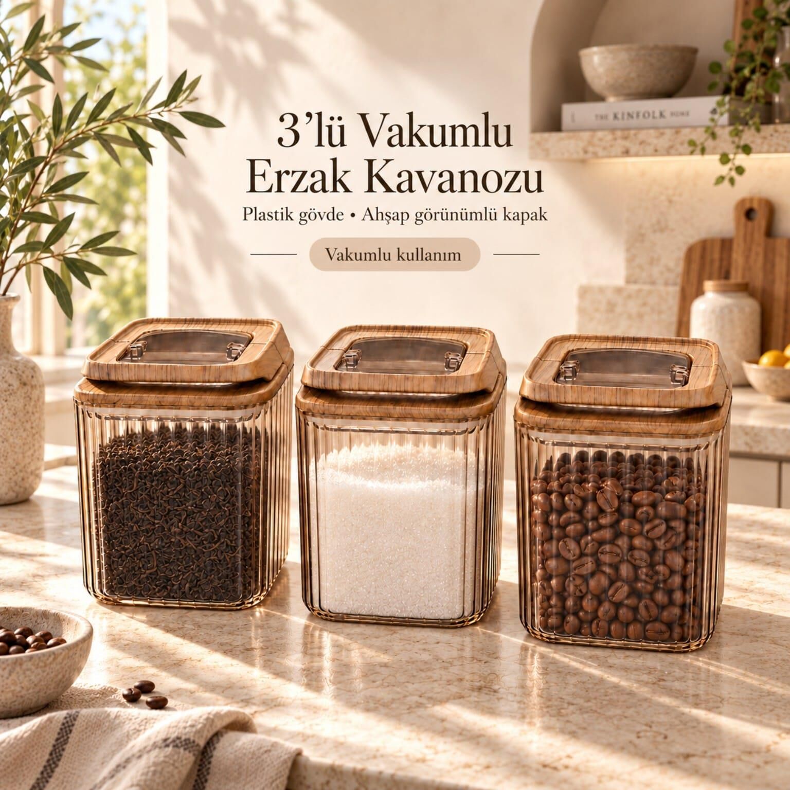 Okyanus Home Klipsli ve Vakumlu Ahşap Görünümlü Erzak Kavanozu 3'lü Set - 900 ml