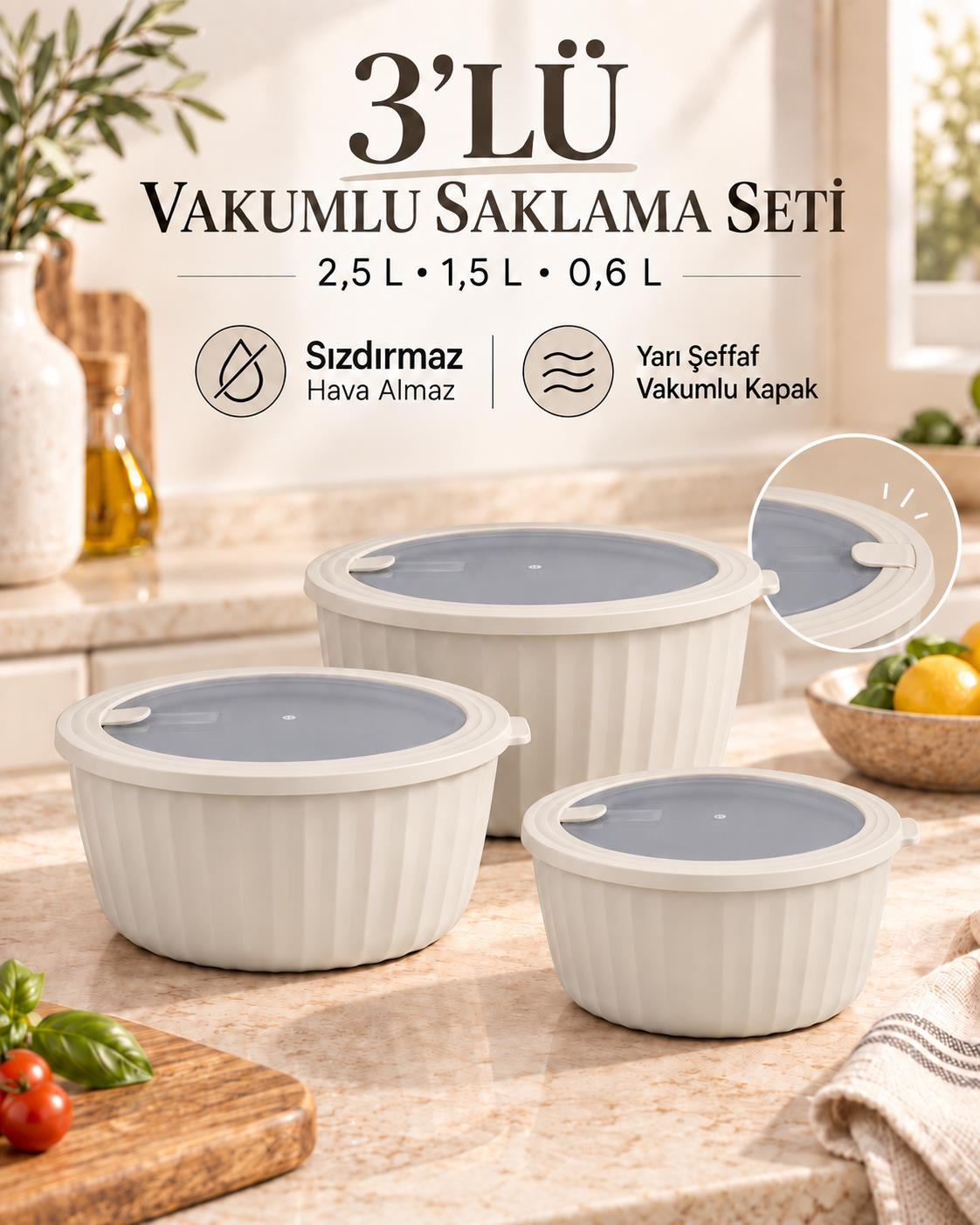 Okyanus Home Colesium Premium Vakumlu Kapaklı 3'lü Bej Rengi Saklama Kabı 2.5lt-1,5lt-0,6lt