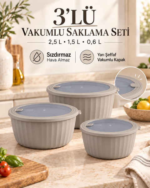 Okyanus Home Colesium Premium Vakumlu Kapaklı 3'lü Vizon Saklama Kabı 2.5lt-1,5lt-0,6lt