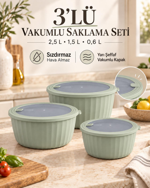 Okyanus Home Colesium Premium Vakumlu Kapaklı 3'lü Yeşil Saklama Kabı 2.5lt-1,5lt-0,6lt