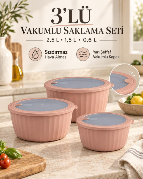 Okyanus Home Colesium Premium Vakumlu Kapaklı 3'lü Pembe Saklama Kabı 2.5lt-1,5lt-0,6lt