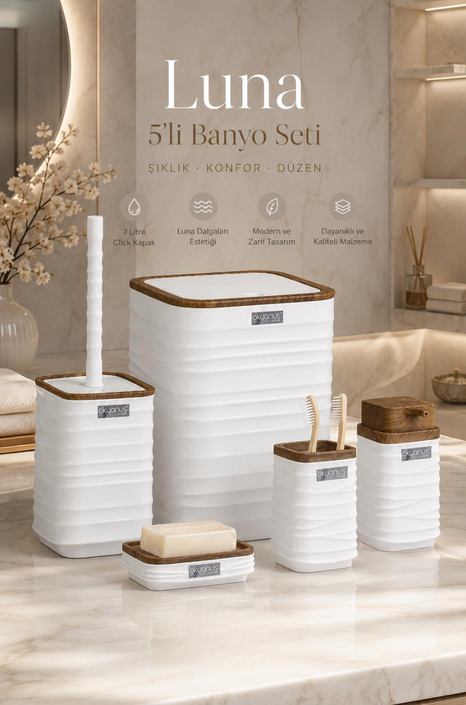 Okyanus Home Luna Beyaz Ahşap Desenli Kare 5'li Banyo Seti