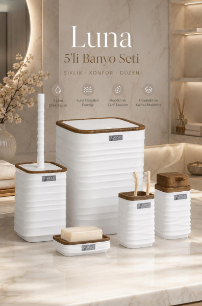 Okyanus Home Luna Beyaz Ahşap Desenli Kare 5'li Banyo Seti