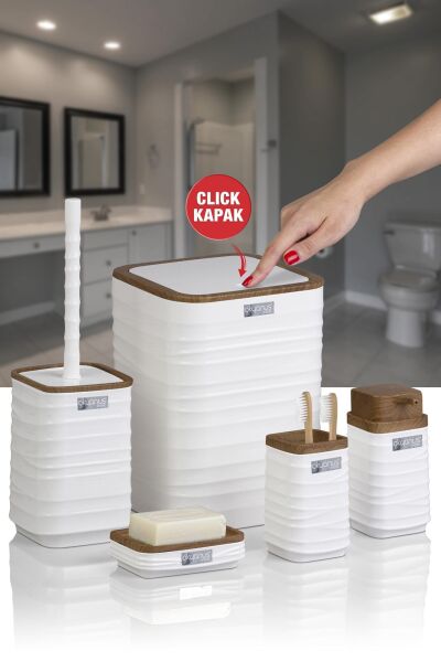 Okyanus Home Luna Beyaz Ahşap Desenli Kare 5'li Banyo Seti