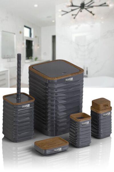 Okyanus Home Luna Antrasit Ahşap Desenli Kare 5'li Banyo Seti