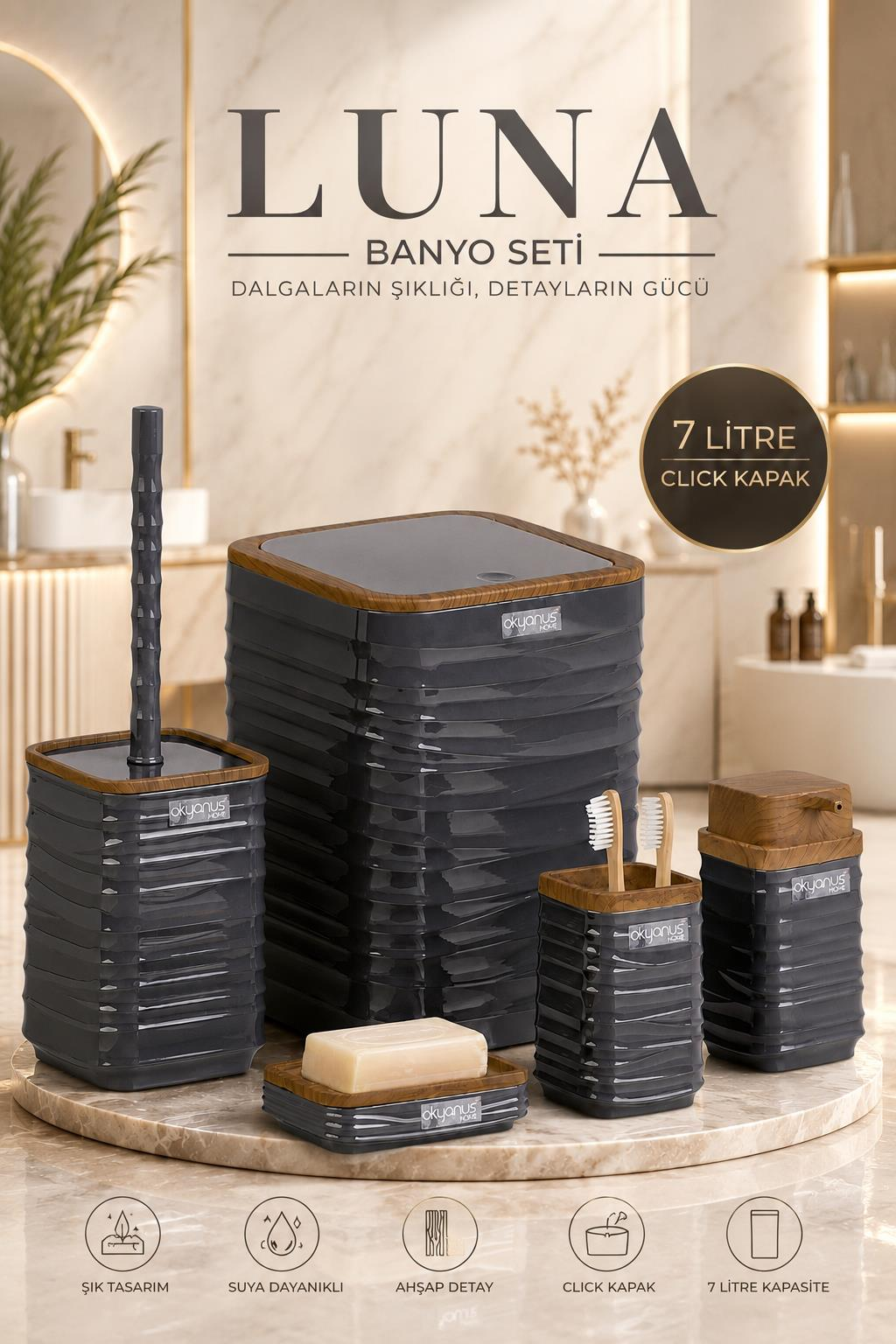 Okyanus Home Luna Antrasit Ahşap Desenli Kare 5'li Banyo Seti