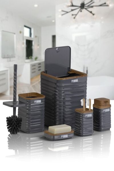 Okyanus Home Luna Antrasit Ahşap Desenli Kare 5'li Banyo Seti