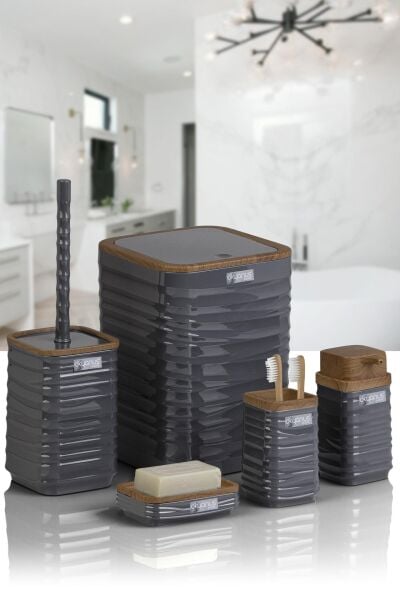 Okyanus Home Luna Antrasit Ahşap Desenli Kare 5'li Banyo Seti