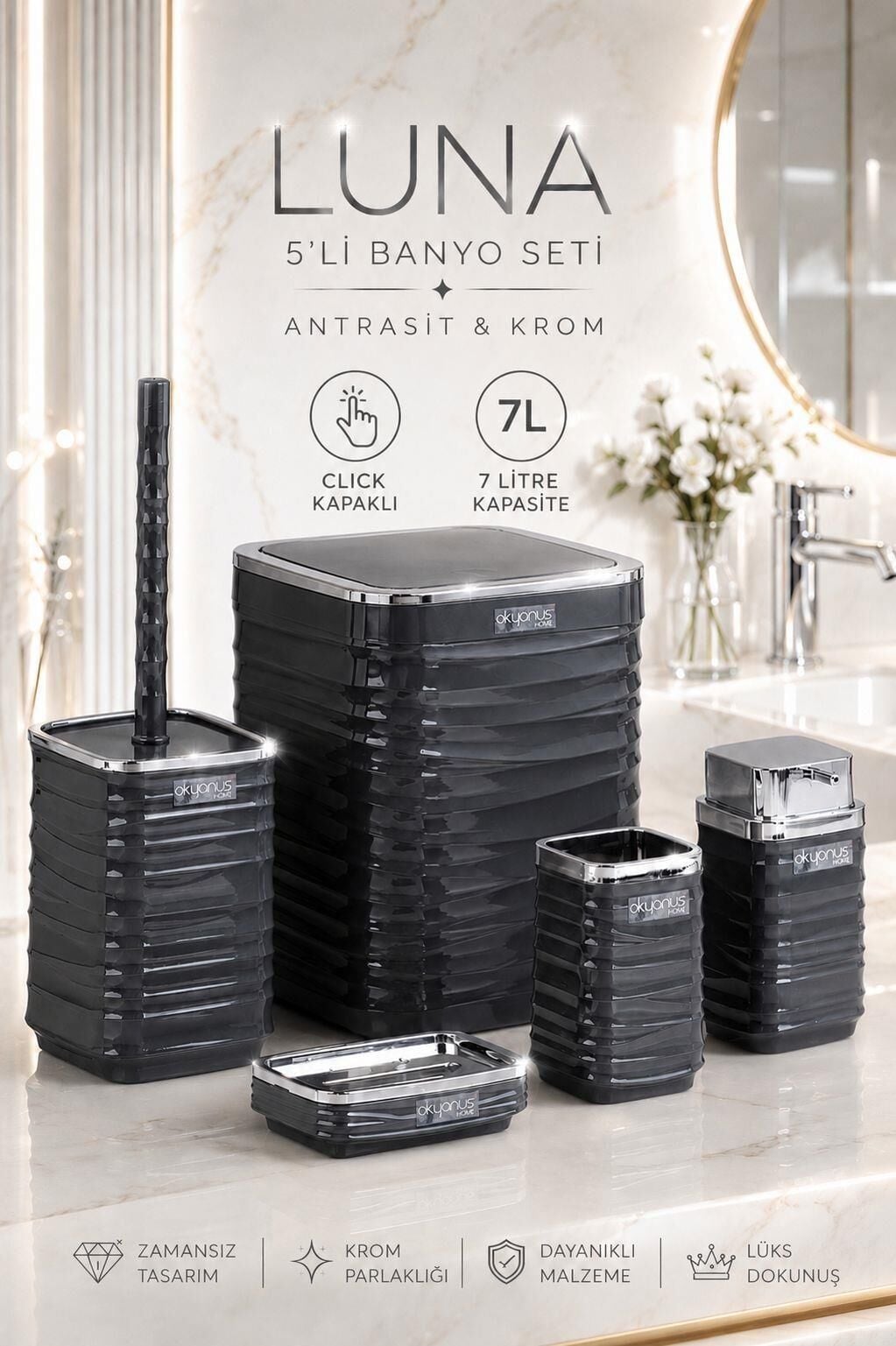 Okyanus Home Luna Antrasit Kromlu Kare 5'li Banyo Seti