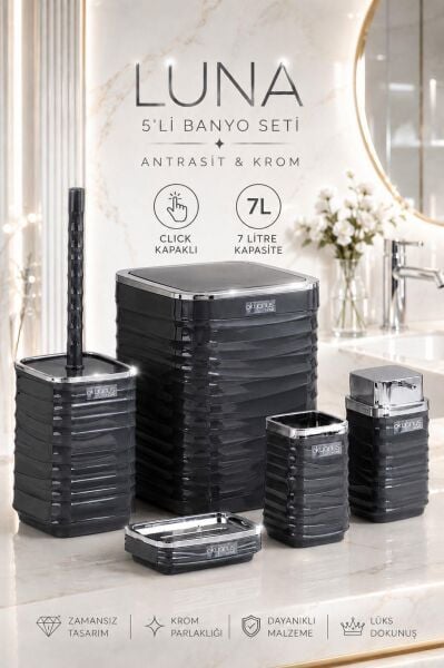 Okyanus Home Luna Antrasit Kromlu Kare 5'li Banyo Seti