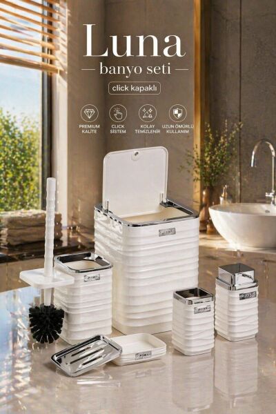 Okyanus Home Luna Beyaz Kromlu Kare 5'li Banyo Seti